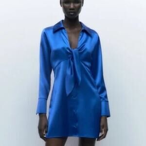 Zara Blue Satin Effect Long Sleeve Knotted Dress Lapel Collar Size Small